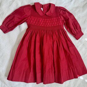 Pervenche Red Smocked Christmas Dress Corduroy Pleated Tie Back Vintage 18 Month